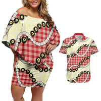 Red Palaka Hawaii Couples Matching Off Shoulder Short Dress and Hawaiian Shirt Kukui Nut Pikake Lei Hawaiian Tapa Pattern LT14 Red - Polynesian Pride
