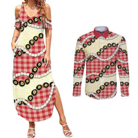 Red Palaka Hawaii Couples Matching Summer Maxi Dress and Long Sleeve Button Shirt Kukui Nut Pikake Lei Hawaiian Tapa Pattern LT14 Red - Polynesian Pride