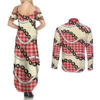 Red Palaka Hawaii Couples Matching Summer Maxi Dress and Long Sleeve Button Shirt Kukui Nut Pikake Lei Hawaiian Tapa Pattern LT14 - Polynesian Pride