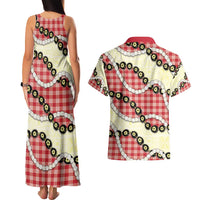Red Palaka Hawaii Couples Matching Tank Maxi Dress and Hawaiian Shirt Kukui Nut Pikake Lei Hawaiian Tapa Pattern LT14 - Polynesian Pride