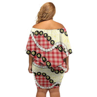 Red Palaka Hawaii Family Matching Off Shoulder Short Dress and Hawaiian Shirt Kukui Nut Pikake Lei Hawaiian Tapa Pattern - Polynesian Pride