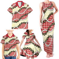 Red Palaka Hawaii Family Matching Tank Maxi Dress and Hawaiian Shirt Kukui Nut Pikake Lei Hawaiian Tapa Pattern - Polynesian Pride