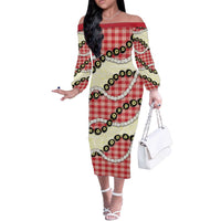 Red Palaka Hawaii Off The Shoulder Long Sleeve Dress Kukui Nut Pikake Lei Hawaiian Tapa Pattern - Polynesian Pride