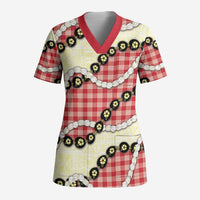 Red Palaka Hawaii Scrub Top Kukui Nut Pikake Lei Hawaiian Tapa Pattern - Polynesian Pride