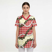 Red Palaka Hawaii Scrub Top Kukui Nut Pikake Lei Hawaiian Tapa Pattern - Polynesian Pride