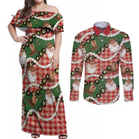 Cowboy Hawaii Mele Kalikimaka Couples Matching Off Shoulder Maxi Dress and Long Sleeve Button Shirt Paniolo Kukui Nut Pikake Lei Red Version - Polynesian Pride