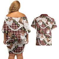 Cowboy Hawaii Mele Kalikimaka Couples Matching Off Shoulder Short Dress and Hawaiian Shirt Paniolo Kukui Nut Pikake Lei Burgundy Version - Polynesian Pride