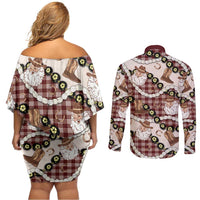 Cowboy Hawaii Mele Kalikimaka Couples Matching Off Shoulder Short Dress and Long Sleeve Button Shirt Paniolo Kukui Nut Pikake Lei Burgundy Version - Polynesian Pride