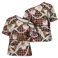 Cowboy Hawaii Mele Kalikimaka Cross Shoulder Shirt Paniolo Kukui Nut Pikake Lei Burgundy Version - Polynesian Pride