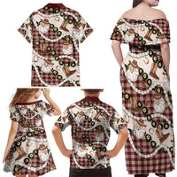 Cowboy Hawaii Mele Kalikimaka Family Matching Off Shoulder Maxi Dress and Hawaiian Shirt Paniolo Kukui Nut Pikake Lei Burgundy Version - Polynesian Pride