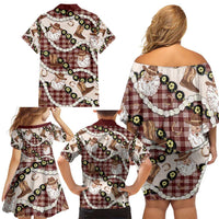 Cowboy Hawaii Mele Kalikimaka Family Matching Off Shoulder Short Dress and Hawaiian Shirt Paniolo Kukui Nut Pikake Lei Burgundy Version - Polynesian Pride