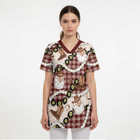 Cowboy Hawaii Mele Kalikimaka Scrub Top Paniolo Kukui Nut Pikake Lei Burgundy Version - Polynesian Pride