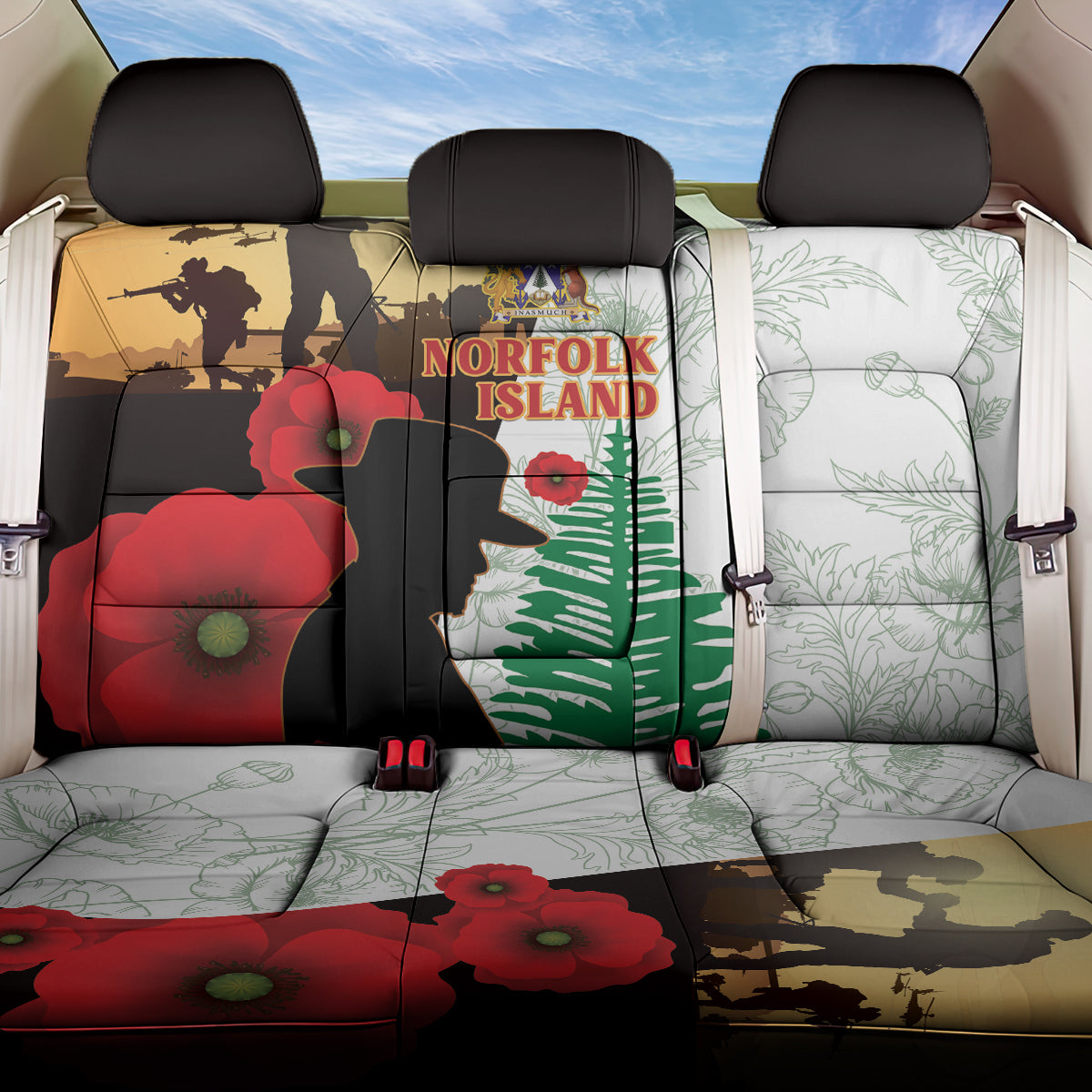 Norfolk Island ANZAC Day Back Car Seat Cover Pine Tree With Poppies Lest We Forget LT14 One Size White - Polynesian Pride