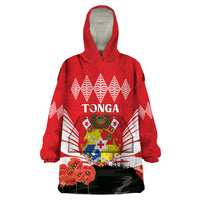 Tonga ANZAC Day Wearable Blanket Hoodie Camouflage With Poppies Lest We Forget LT14 One Size Red - Polynesian Pride