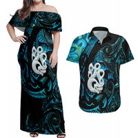 Manaia New Zealand Matariki Couples Matching Off Shoulder Maxi Dress and Hawaiian Shirt NZ Paua Shell Maori Art