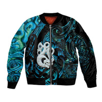 Manaia New Zealand Matariki Sleeve Zip Bomber Jacket NZ Paua Shell Maori Art LT14 Unisex Turquoise - Polynesian Pride