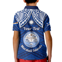 Personalised Marshall Islands Kid Polo Shirt Blue Polynesian Tribal Mix Coat Of Arms LT14 - Polynesian Pride
