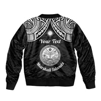 Personalised Marshall Islands Sleeve Zip Bomber Jacket Black Polynesian Tribal Mix Coat Of Arms LT14 - Polynesian Pride