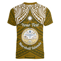 Personalised Marshall Islands Women V Neck T Shirt Gold Polynesian Tribal Mix Coat Of Arms LT14 - Polynesian Pride