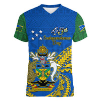 Polynesian Pride Independence Day Solomon Islands Women V Neck T Shirt Happy 45th Anniversary LT14 Female Blue - Polynesian Pride