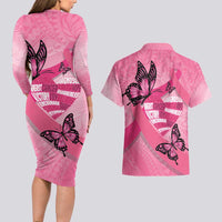 Polynesia Breast Cancer Awareness Month Couples Matching Long Sleeve Bodycon Dress and Hawaiian Shirt Pink Ribbon Mix Butterflies