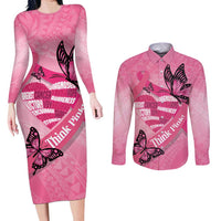 Polynesia Breast Cancer Awareness Month Couples Matching Long Sleeve Bodycon Dress and Long Sleeve Button Shirt Pink Ribbon Mix Butterflies