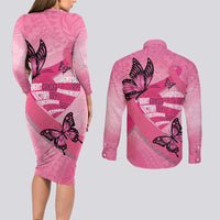 Polynesia Breast Cancer Awareness Month Couples Matching Long Sleeve Bodycon Dress and Long Sleeve Button Shirt Pink Ribbon Mix Butterflies