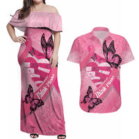 Polynesia Breast Cancer Awareness Month Couples Matching Off Shoulder Maxi Dress and Hawaiian Shirt Pink Ribbon Mix Butterflies