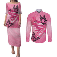 Polynesia Breast Cancer Awareness Month Couples Matching Puletasi and Long Sleeve Button Shirt Pink Ribbon Mix Butterflies
