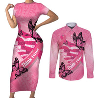 Polynesia Breast Cancer Awareness Month Couples Matching Short Sleeve Bodycon Dress and Long Sleeve Button Shirt Pink Ribbon Mix Butterflies