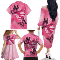 Polynesia Breast Cancer Awareness Month Family Matching Off The Shoulder Long Sleeve Dress and Hawaiian Shirt Pink Ribbon Mix Butterflies