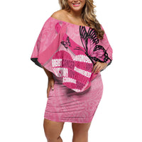 Polynesia Breast Cancer Awareness Month Family Matching Off Shoulder Short Dress and Hawaiian Shirt Pink Ribbon Mix Butterflies