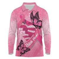 Polynesia Breast Cancer Awareness Month Long Sleeve Polo Shirt Pink Ribbon Mix Butterflies