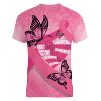 Polynesia Breast Cancer Awareness Month Women V-Neck T-Shirt Pink Ribbon Mix Butterflies