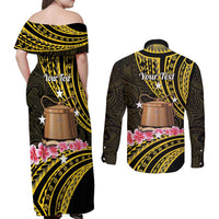 Personalised Tokelau Tokehega Day Couples Matching Off Shoulder Maxi Dress and Long Sleeve Button Shirt Tokelauan Tatau Black Color - Polynesian Pride