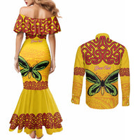 Personalised Tufi Tapa and Tattoo Festival Couples Matching Mermaid Dress and Long Sleeve Button Shirt PNG Oro Butterfly Tapa Pattern - Polynesian Pride