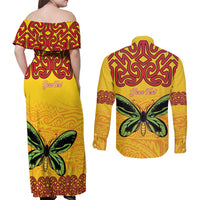 Personalised Tufi Tapa and Tattoo Festival Couples Matching Off Shoulder Maxi Dress and Long Sleeve Button Shirt PNG Oro Butterfly Tapa Pattern - Polynesian Pride