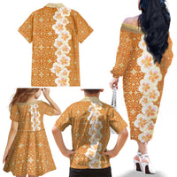Personalised Tufi Tapa and Tattoo Festival Family Matching Off The Shoulder Long Sleeve Dress and Hawaiian Shirt Oro Tapa Cloth With Plumeria - Polynesian Pride