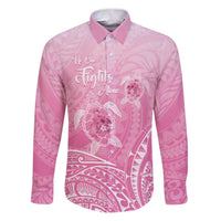 Personalised Polynesia Breast Cancer Awareness Family Matching Puletasi and Hawaiian Shirt No One Fights Alone Turtle Ribbon - Pink Version