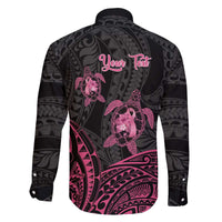 Personalised Polynesia Breast Cancer Awareness Family Matching Off The Shoulder Long Sleeve Dress and Hawaiian Shirt No One Fights Alone Turtle Ribbon - Black Version