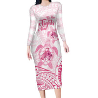 Personalised Polynesia Breast Cancer Awareness Family Matching Long Sleeve Bodycon Dress and Hawaiian Shirt No One Fights Alone Turtle Ribbon - White Version
