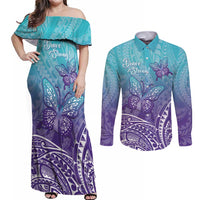 Polynesia Suicide Prevention Month Couples Matching Off Shoulder Maxi Dress and Long Sleeve Button Shirt Butterfly Purple And Teal Ribbon Tomorrow Needs You