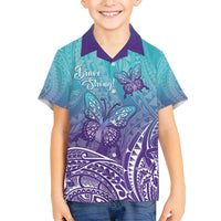 Polynesia Suicide Prevention Month Family Matching Off Shoulder Maxi Dress and Hawaiian Shirt Butterfly Purple And Teal Ribbon Tomorrow Needs You