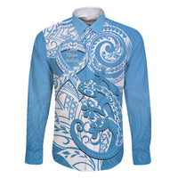 Personalised New Zealand Autism Awareness Family Matching Mermaid Dress and Hawaiian Shirt NZ Fern With Maori Koru Lizard LT14 Dad's Shirt - Long Sleeve Blue - Polynesian Pride