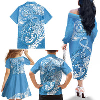 Personalised New Zealand Autism Awareness Family Matching Off The Shoulder Long Sleeve Dress and Hawaiian Shirt NZ Fern With Maori Koru Lizard