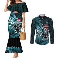 Personalised New Zealand Darts Christmas Couples Matching Mermaid Dress and Long Sleeve Button Shirt Maori Fern Merry Dartsmas - Polynesian Pride