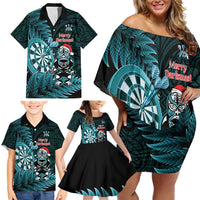 Personalised New Zealand Darts Christmas Family Matching Off Shoulder Short Dress and Hawaiian Shirt Maori Fern Merry Dartsmas - Polynesian Pride
