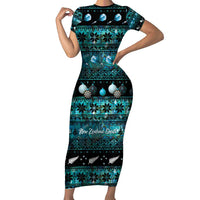 New Zealand Darts Christmas Short Sleeve Bodycon Dress Merry Xmas Aotearoa Maori Paua Shell - Polynesian Pride