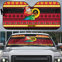 Vanuatu Christmas Auto Sun Shade Joyeux Noel Surfing Santa With Boar Tusk - Polynesian Pride