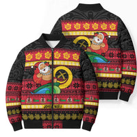 Vanuatu Christmas Bomber Puffer Jacket Joyeux Noel Surfing Santa With Boar Tusk - Polynesian Pride